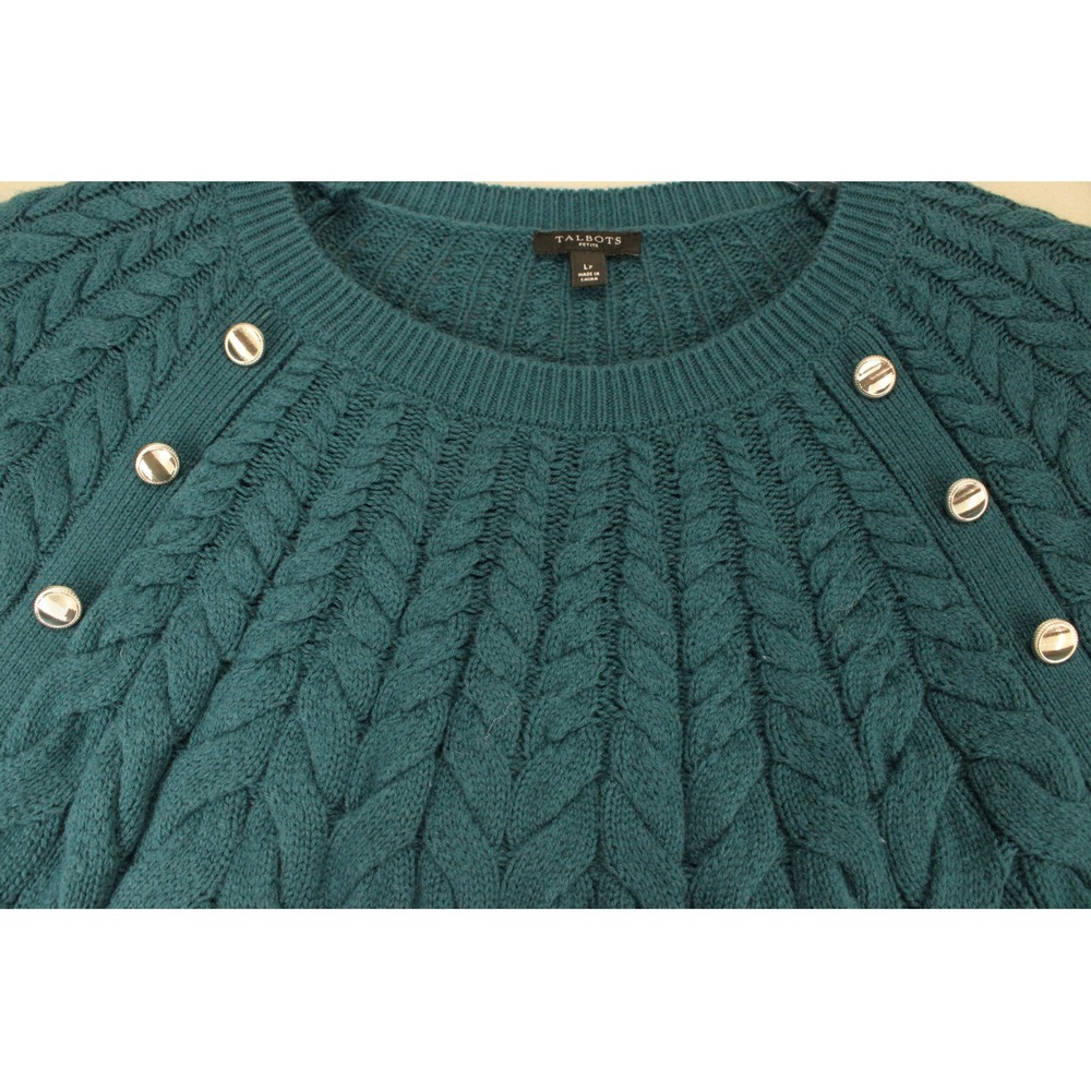 Talbots Sweater Womens LP Teal Blue Cable Knit Button Shoulder Preppy Nautical